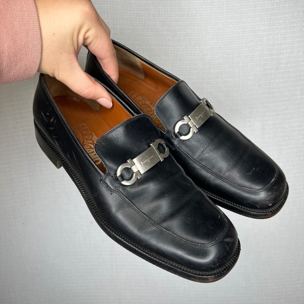 Salvatore Ferragamo Black‎ Leather Gancini Loafers Men's Size 7 Made in Italy
